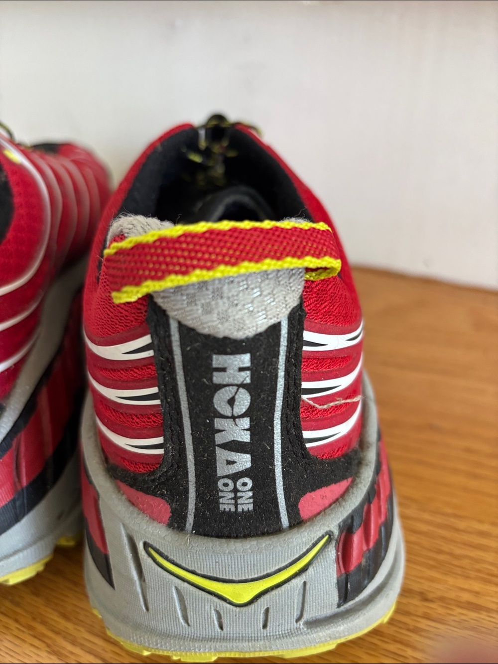 Hoka One One Red Black Athletic Shoes with Yellow Accents - Picture 6 of 9